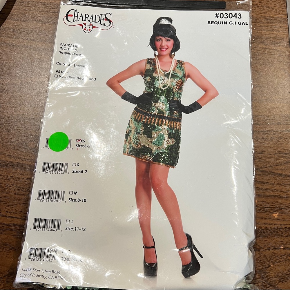 Charades Sequin G.I. Gal Costume Flapper 1920s Military Dress Halloween  XS or M